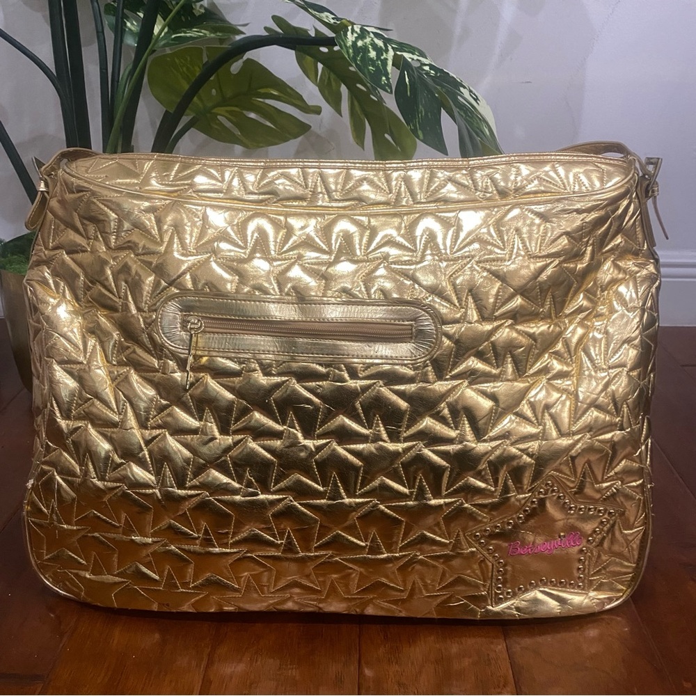 Betseyville Betsey Johnson Large Structure Duffle Bag | Gold Star Faux Leather